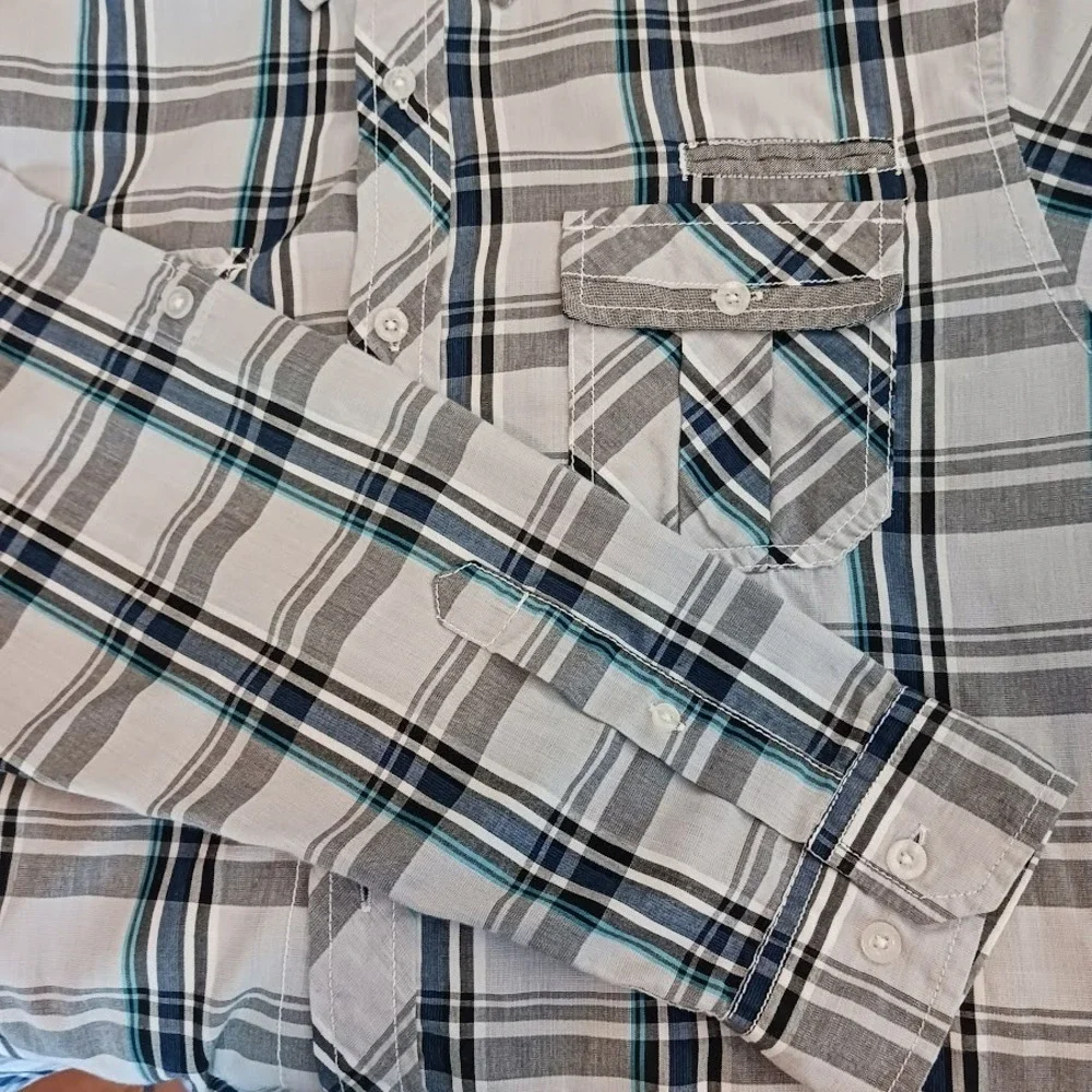 Burnside Cowboy Button Down Front Pockets Size Large White Blue Gray Cotton Poly